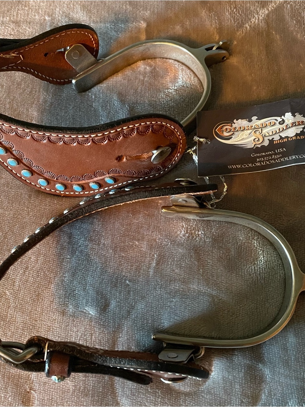 Women's Brown Leather Spurs with Turquoise Accents